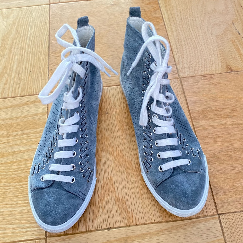 Prada suede perforated high top sneaker